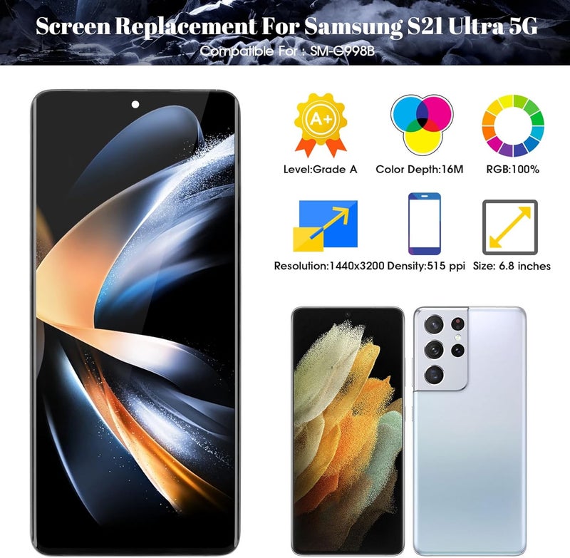 SRJTEK OLED for Samsung Galaxy S21 Ultra 5G Screen Replacement for Galaxy S21 Ultra 5G LCD Display for SM-G998U SM-G998b/DS Ddigitizer Touch Screen Repair Part + Tools(Black With Frame,With Fingerprint) - Image 3